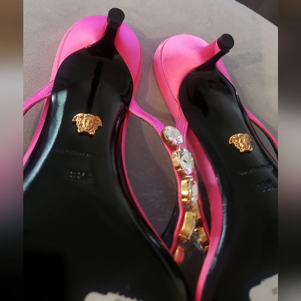 NWT Versace55mm crystal-embellished thong mules 8.5B US. 38 1/2 Satin Pink. - Picture 5 of 5